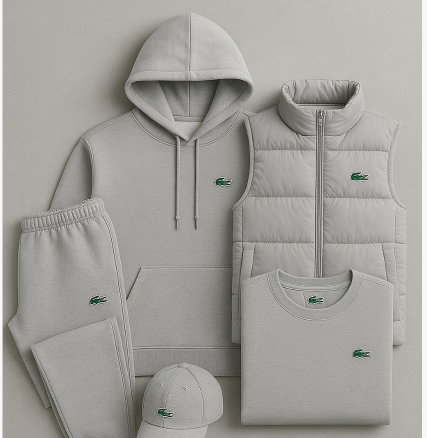 LC Premium – Completo 5 pezzi: felpa con cappuccio, pantaloni, T-shirt, gilet e cappellino