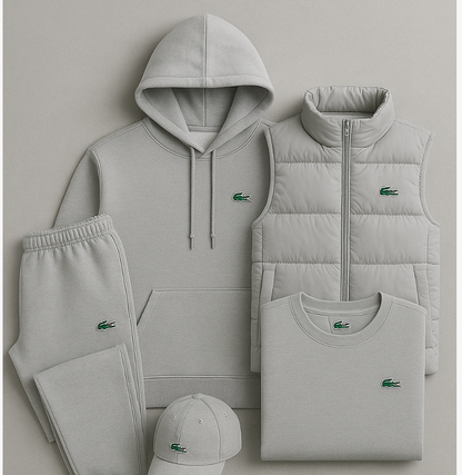 LC Premium – Completo 5 pezzi: felpa con cappuccio, pantaloni, T-shirt, gilet e cappellino