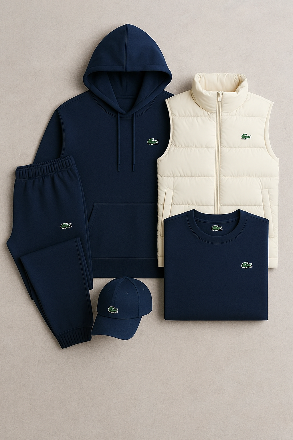 LC Premium – Completo 5 pezzi: felpa con cappuccio, pantaloni, T-shirt, gilet e cappellino